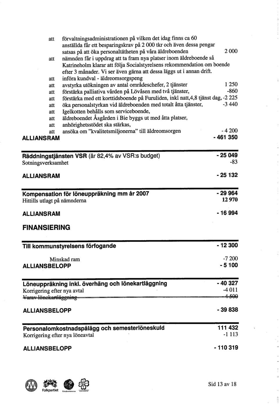 införa kundval - äldreomsorgspeng avstyrka utökningen av antal områdesehefer, 2 tjänster 1 250 förstärka pallativa vården på Lövåsen med två tjänster, -860 förstärka med ett korttidsboende på