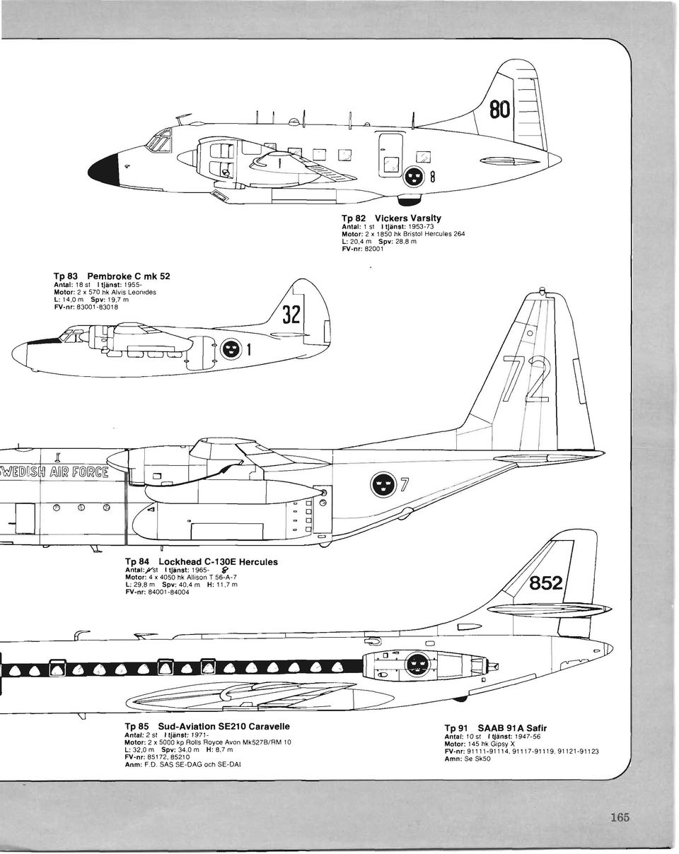 Molor: 4 x 4050 hk Allison T 56-A-7 L: 29,8 m Spy: 40,4 m H: I 1.7 m FV-nr: 84001-84004 Tp 85 Sud-Aviation SE210 Caravelle Tp 91 SAAB 91 A Safir Anlal: 2 sl 11Ian.