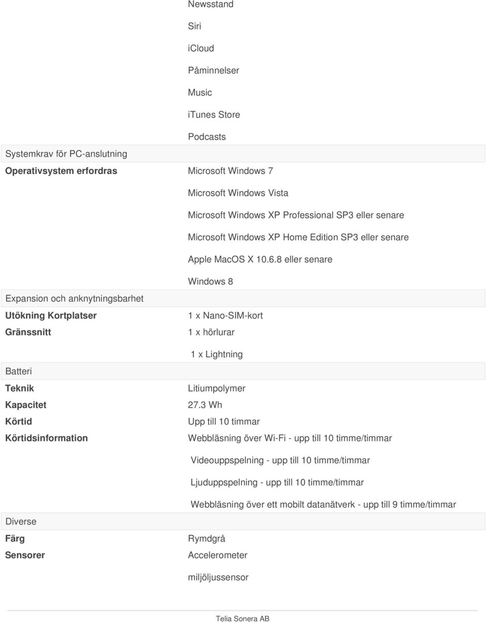 8 eller senare Windows 8 Expansion och anknytningsbarhet Utökning Kortplatser Gränssnitt 1 x Nano-SIM-kort 1 x hörlurar 1 x Lightning Batteri Teknik Kapacitet Körtid Körtidsinformation