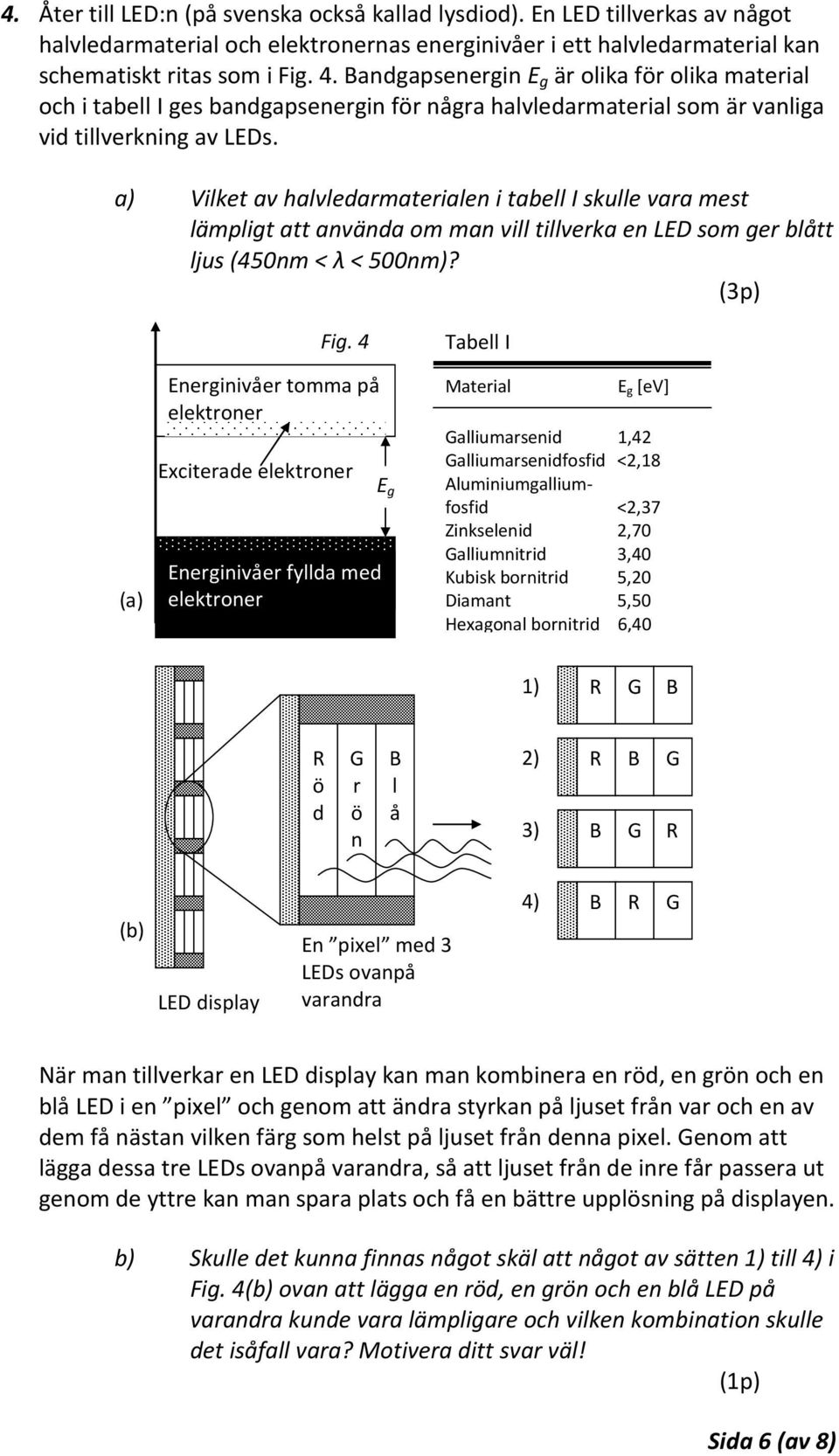 a) Vilket av halvledarmaterialen i tabell I skulle vara mest lämpligt att använda om man vill tillverka en LED som ger blått ljus (450nm < λ < 500nm)? (a) Fig.