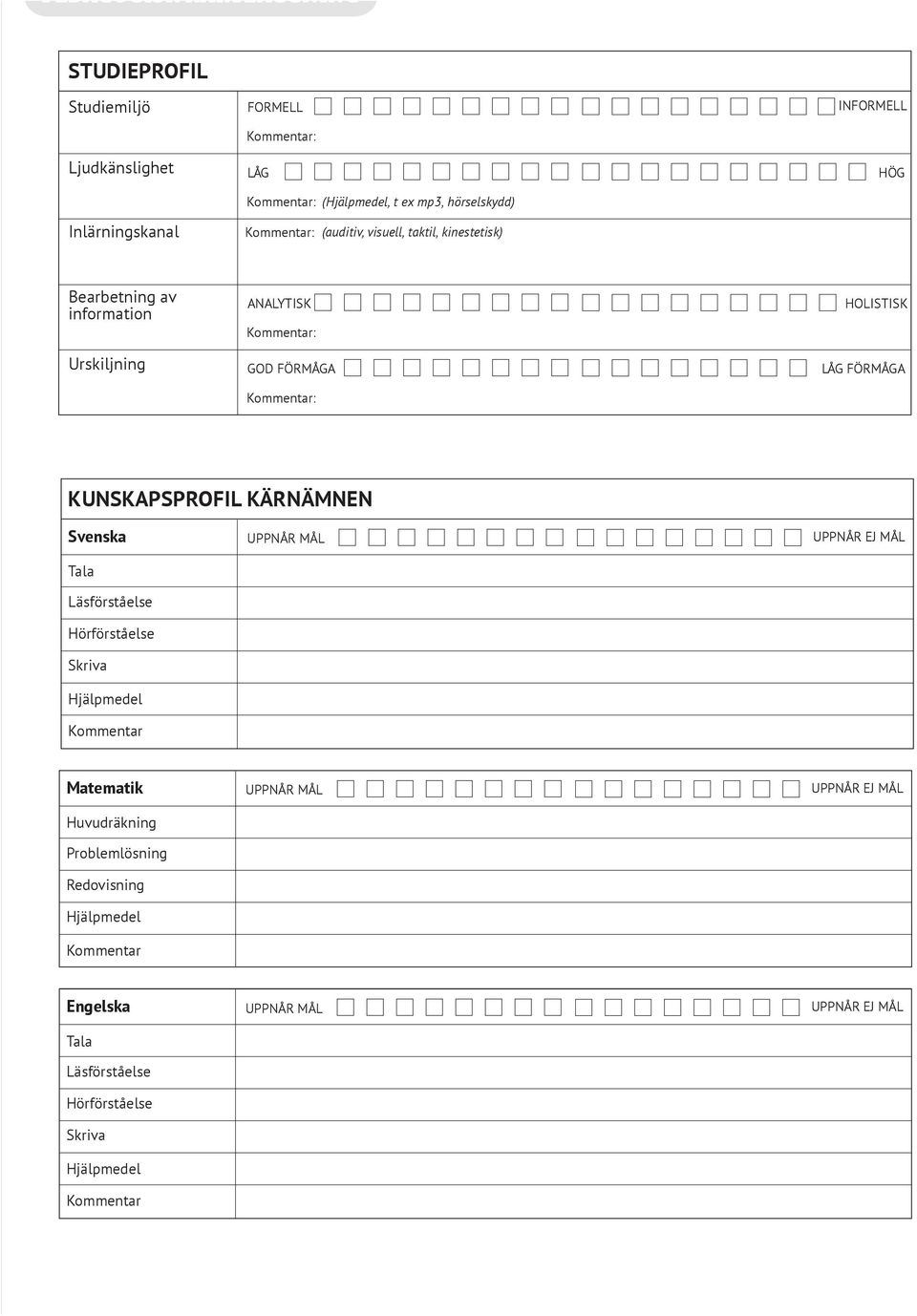 Tala Läsförståelse Hörförståelse Skriva Hjälpmedel Kommentar UPPNÅR MÅL UPPNÅR EJ MÅL Matematik Huvudräkning Problemlösning Redovisning