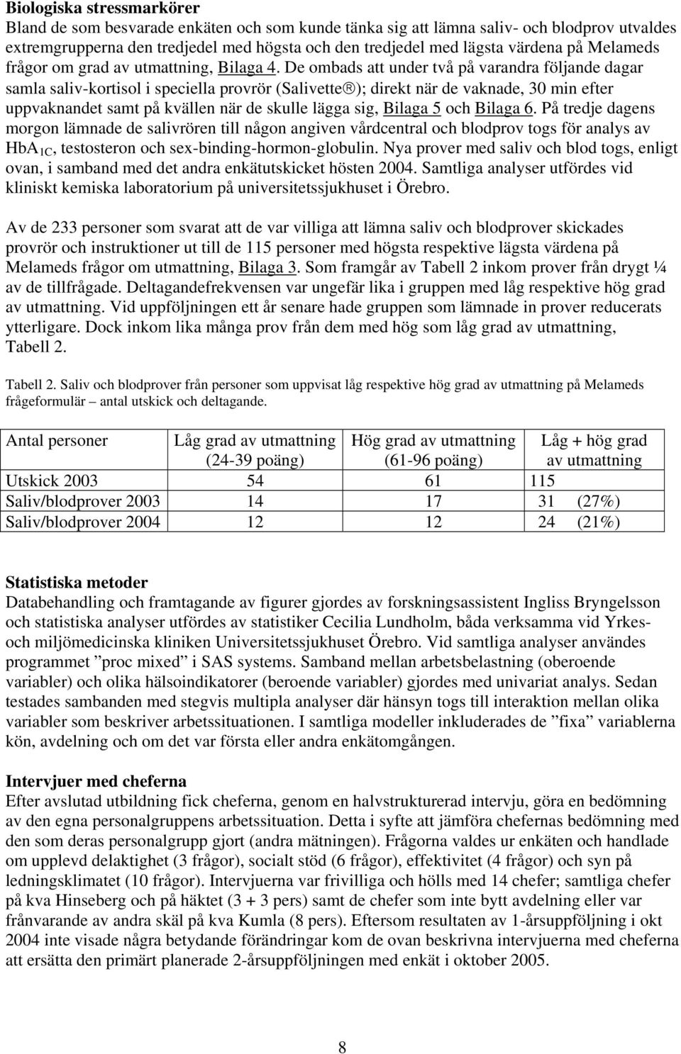 De ombads att under två på varandra följande dagar samla saliv-kortisol i speciella provrör (Salivette ); direkt när de vaknade, 30 min efter uppvaknandet samt på kvällen när de skulle lägga sig,