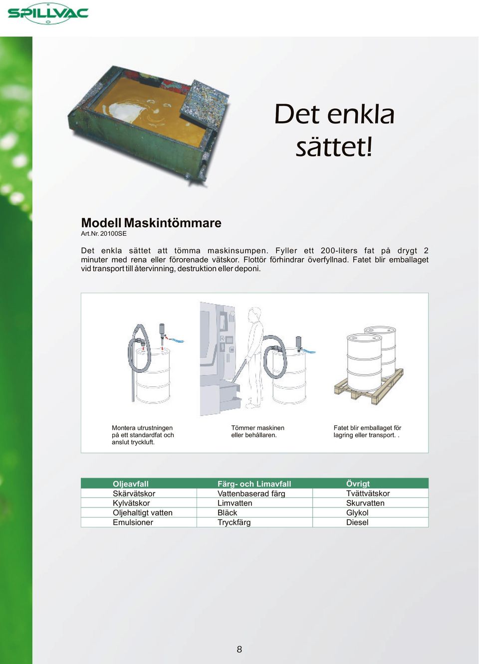 Fatet blir emballaget vid transport till återvinning, destruktion eller deponi. Montera utrustningen på ett standardfat och anslut tryckluft.