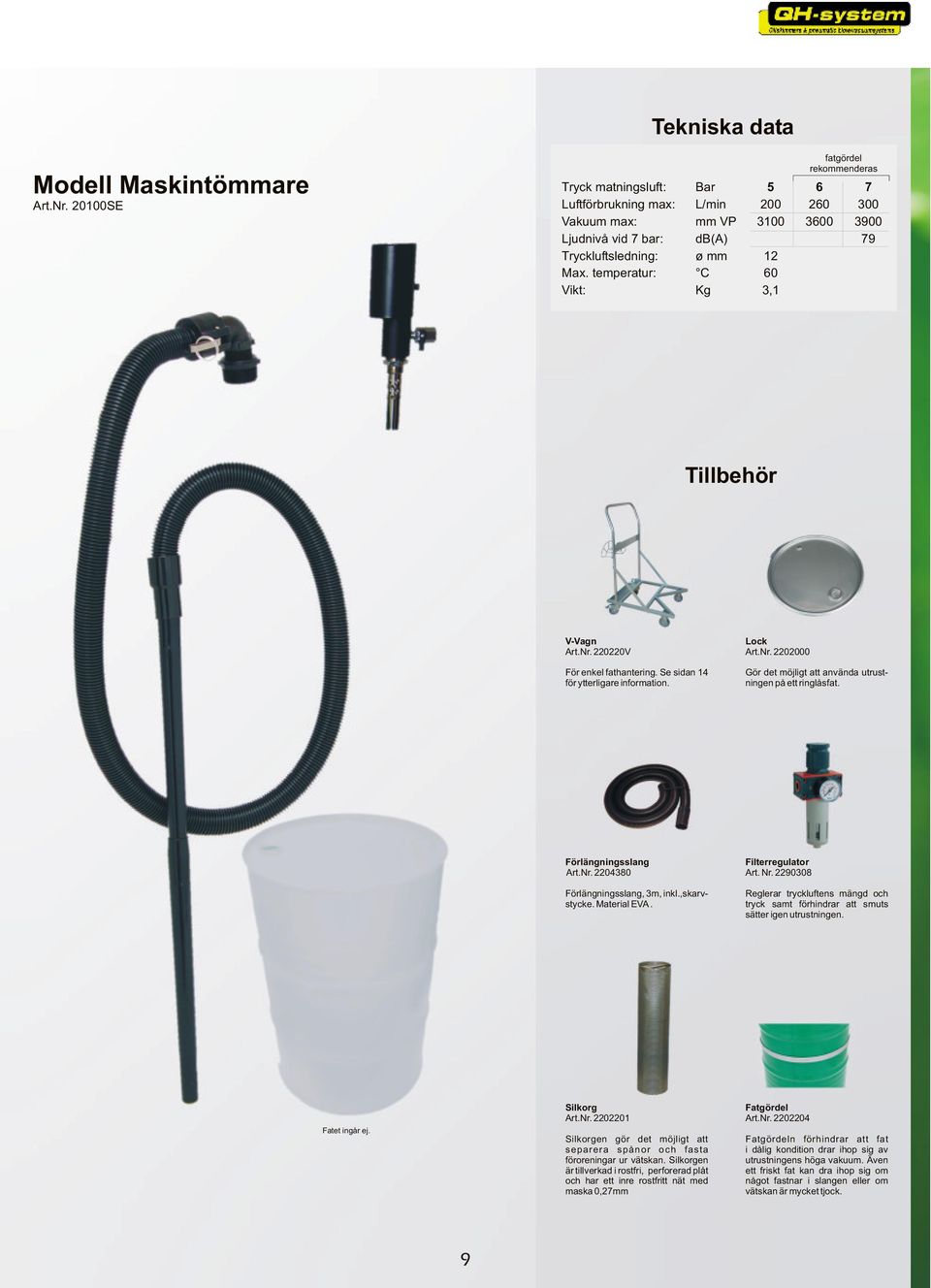 Se sidan 14 för ytterligare information. Lock Art.Nr. 2202000 Gör det möjligt att använda utrustningen på ett ringlåsfat. Förlängningsslang Art.Nr. 2204380 Förlängningsslang, 3m, inkl.,skarvstycke.