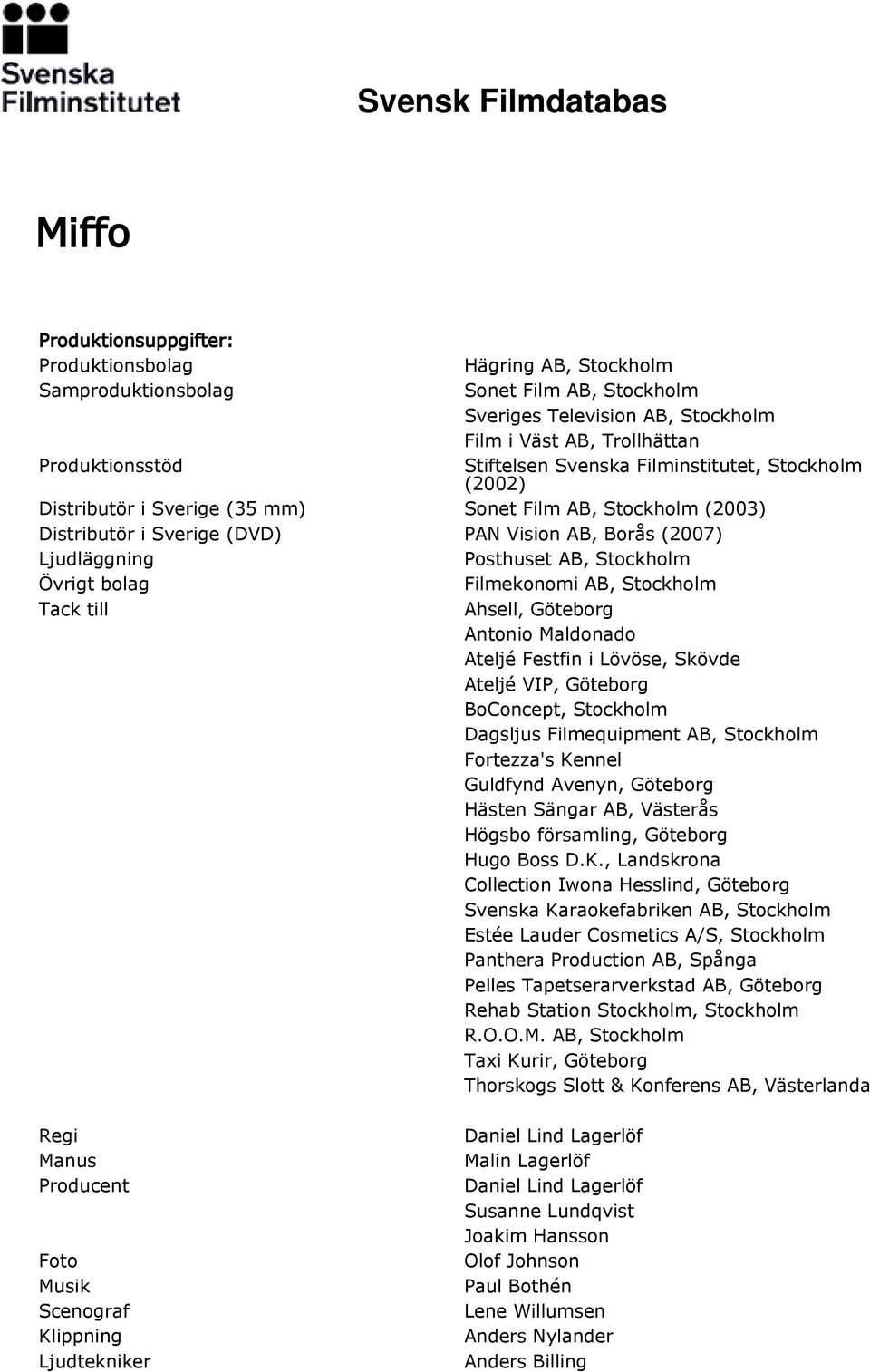 Stockholm Övrigt bolag Filmekonomi AB, Stockholm Tack till Ahsell, Göteborg Antonio Maldonado Ateljé Festfin i Lövöse, Skövde Ateljé VIP, Göteborg BoConcept, Stockholm Dagsljus Filmequipment AB,