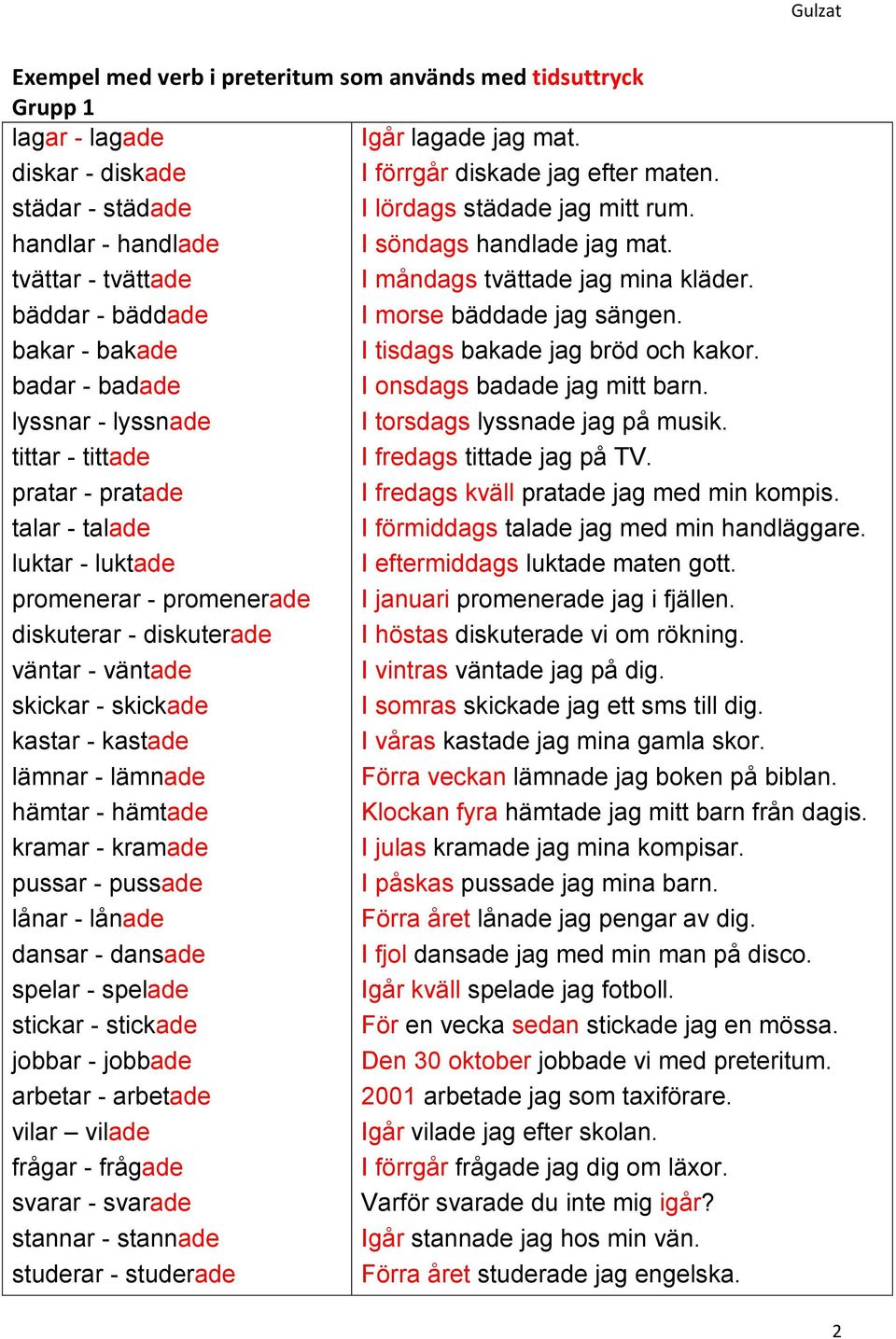 bakar - bakade I tisdags bakade jag bröd och kakor. badar - badade I onsdags badade jag mitt barn. lyssnar - lyssnade I torsdags lyssnade jag på musik. tittar - tittade I fredags tittade jag på TV.