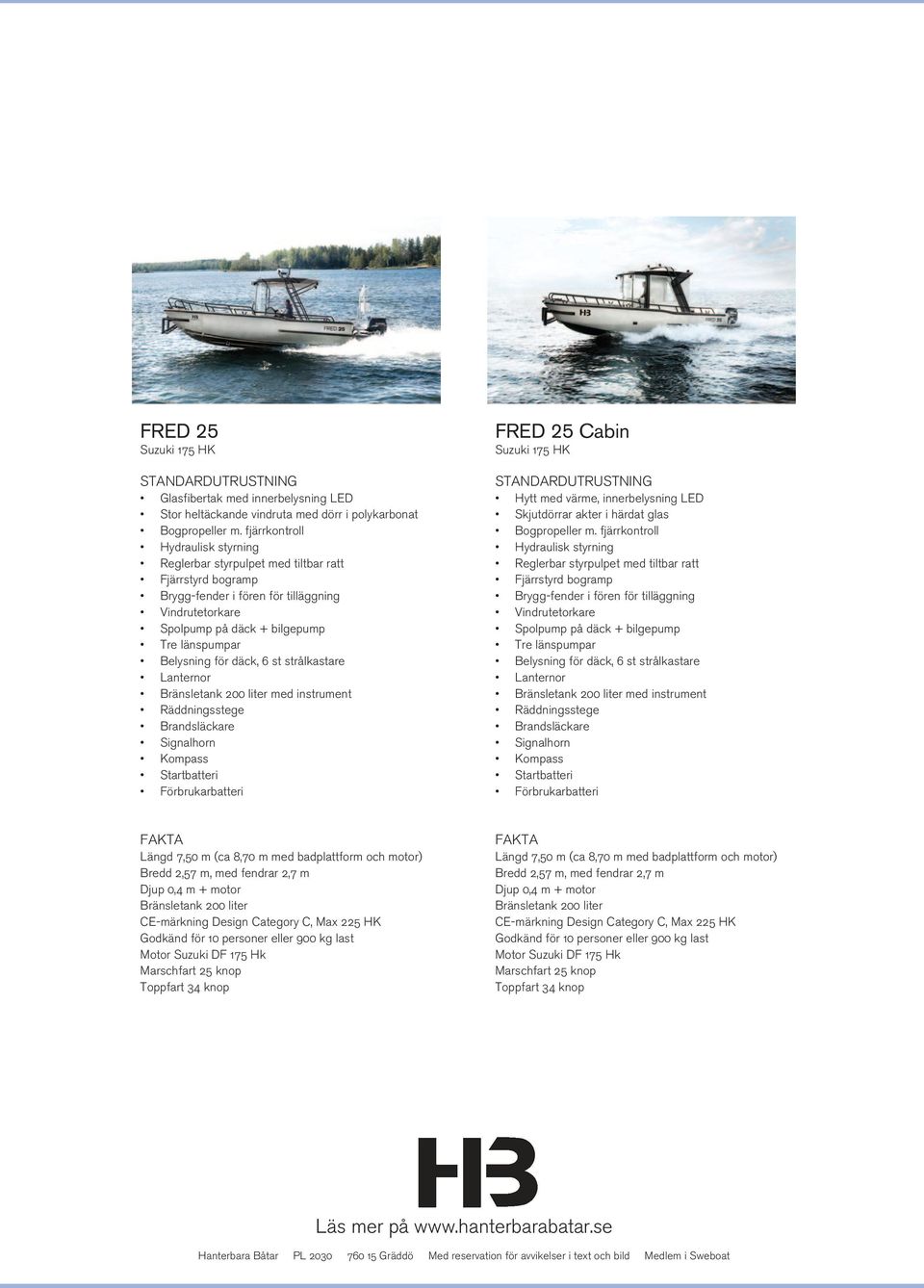 för däck, 6 st strålkastare Lanternor Bränsletank 200 liter med instrument Räddningsstege Brandsläckare Signalhorn Kompass Startbatteri Förbrukarbatteri FRED 25 Cabin Suzuki 175 HK STANDARDUTRUSTNING