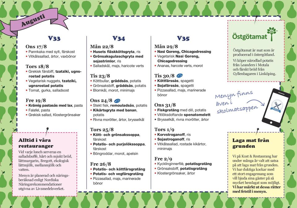 verts Tis 23/8 Köttbullar, gräddsås, Grönsaksbiff, gräddsås, Blomkål, morot, minimajs Ons 24/8 Stekt fisk, remouladsås, Kikärtsgryta med banan, Rivna morötter, ärtor, brysselkål Mån 29/8 Nasi Goreng,