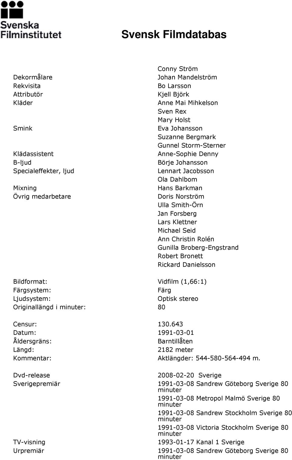 Michael Seid Ann Christin Rolén Gunilla Broberg-Engstrand Robert Bronett Rickard Danielsson Bildformat: Vidfilm (1,66:1) Färgsystem: Färg Ljudsystem: Optisk stereo Originallängd i : 80 Censur: 130.
