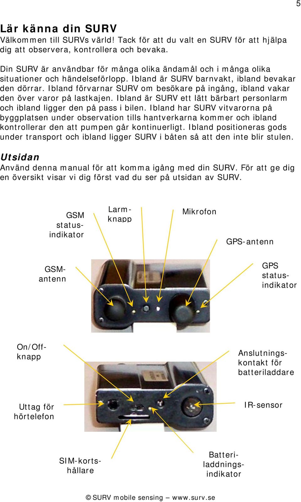 Ibland förvarnar SURV om besökare på ingång, ibland vakar den över varor på lastkajen. Ibland är SURV ett lätt bärbart personlarm och ibland ligger den på pass i bilen.