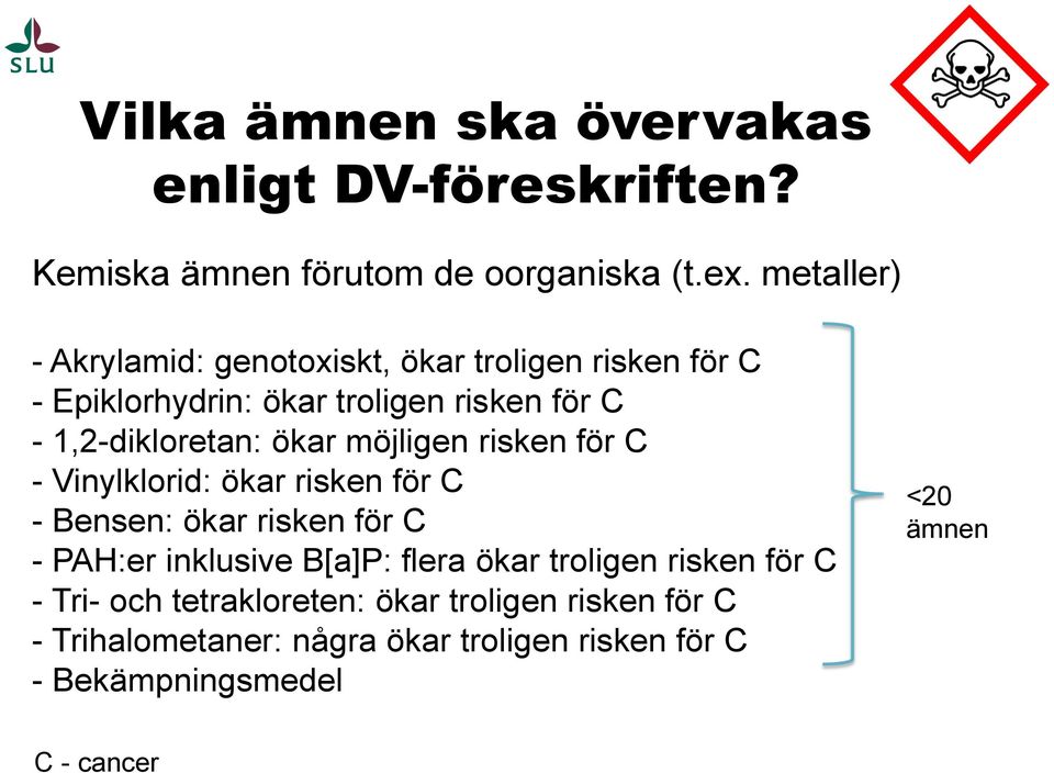 ökar möjligen risken för C - Vinylklorid: ökar risken för C - Bensen: ökar risken för C - PAH:er inklusive B[a]P: flera ökar