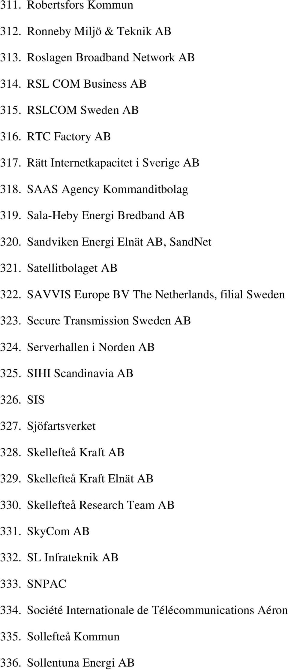 SAVVIS Europe BV The Netherlands, filial Sweden 323. Secure Transmission Sweden AB 324. Serverhallen i Norden AB 325. SIHI Scandinavia AB 326. SIS 327. Sjöfartsverket 328.