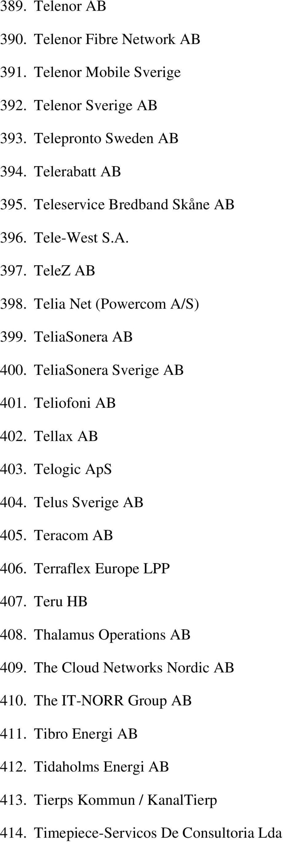 Teliofoni AB 402. Tellax AB 403. Telogic ApS 404. Telus Sverige AB 405. Teracom AB 406. Terraflex Europe LPP 407. Teru HB 408. Thalamus Operations AB 409.