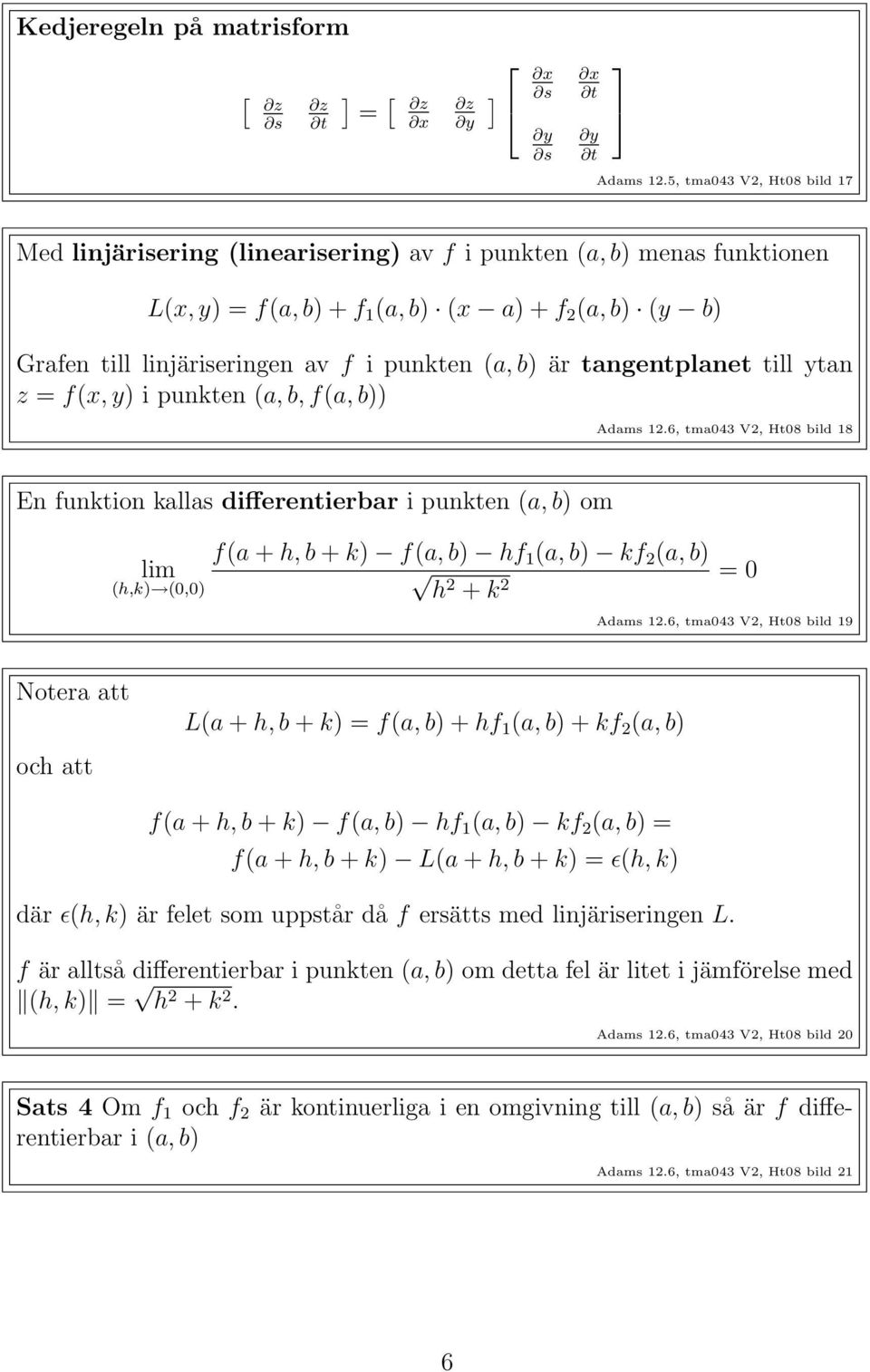 (a, b) är tangentplanet till ytan z = f(x, y) i punkten (a, b, f(a, b)) Adams 12.