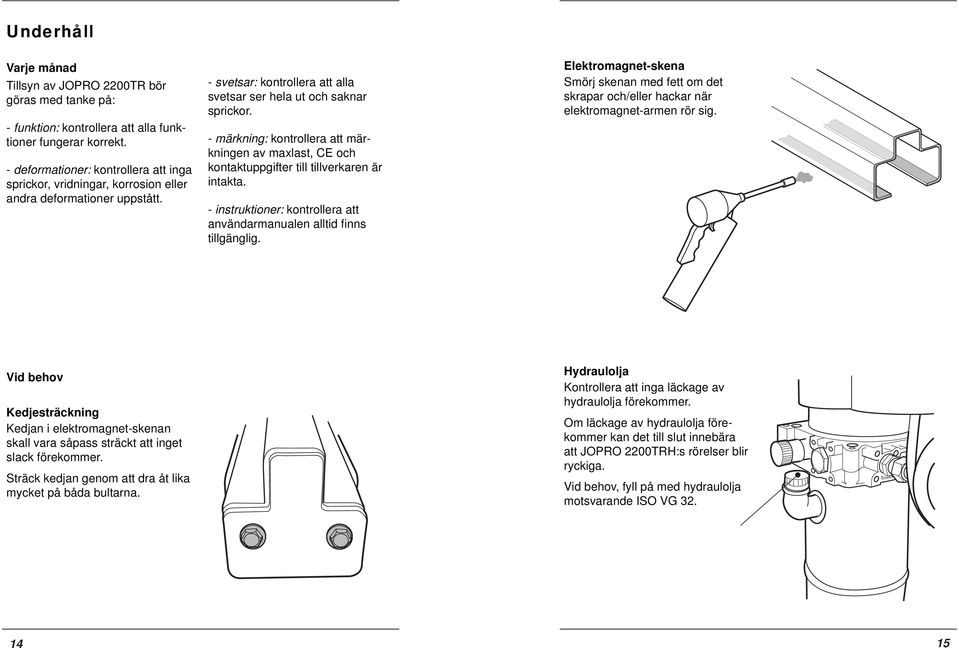 - märkning: kontrollera att märkningen av maxlast, CE och kontaktuppgifter till tillverkaren är intakta. - instruktioner: kontrollera att användarmanualen alltid fi nns tillgänglig.