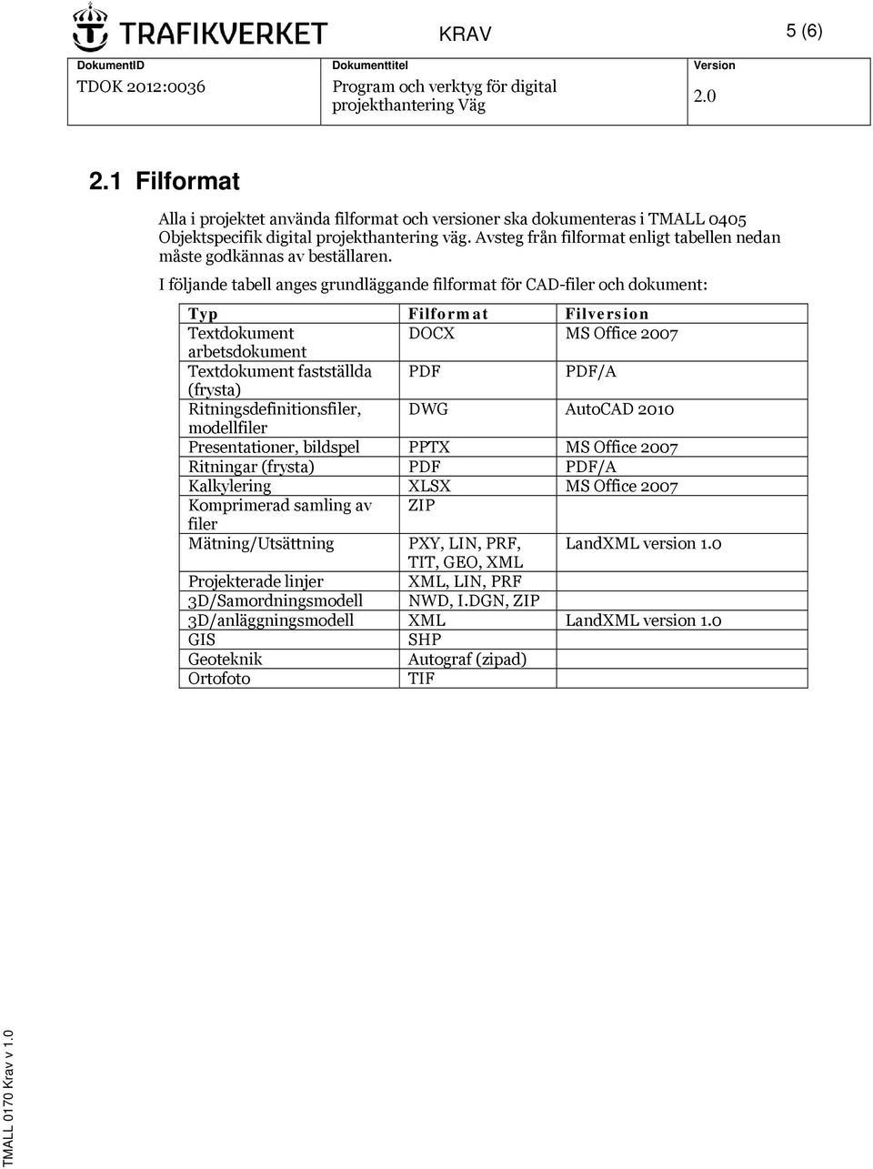 I följande tabell anges grundläggande filformat för CAD-filer och dokument: Typ Filformat Filversion Textdokument DOCX MS Office 2007 arbetsdokument Textdokument fastställda PDF PDF/A (frysta)