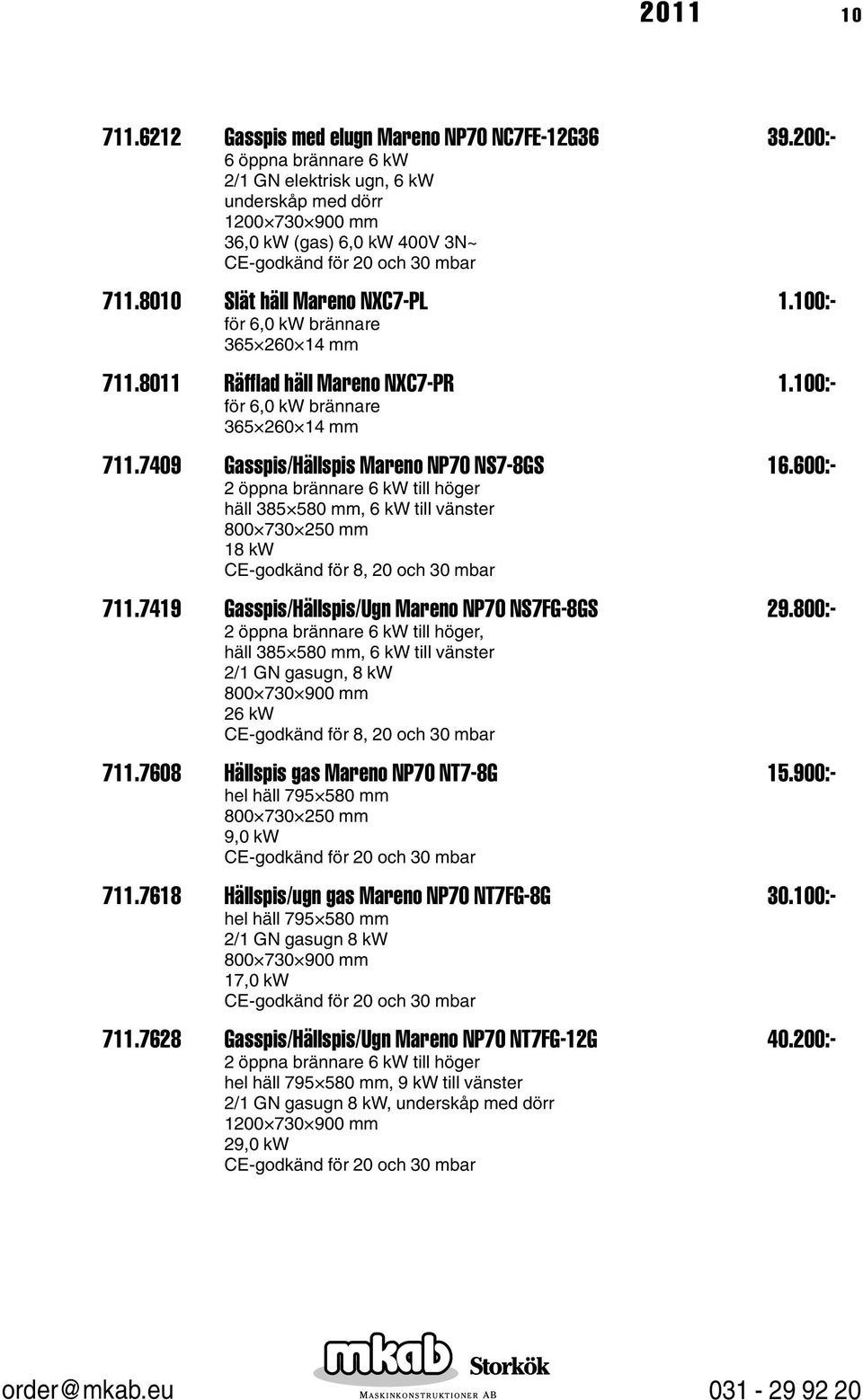 600:- 2 öppna brännare 6 kw till höger häll 385 580 mm, 6 kw till vänster 18 kw CE-godkänd för 8, 20 och 30 mbar 711.7419 Gasspis/Hällspis/Ugn Mareno NP70 NS7FG-8GS 29.