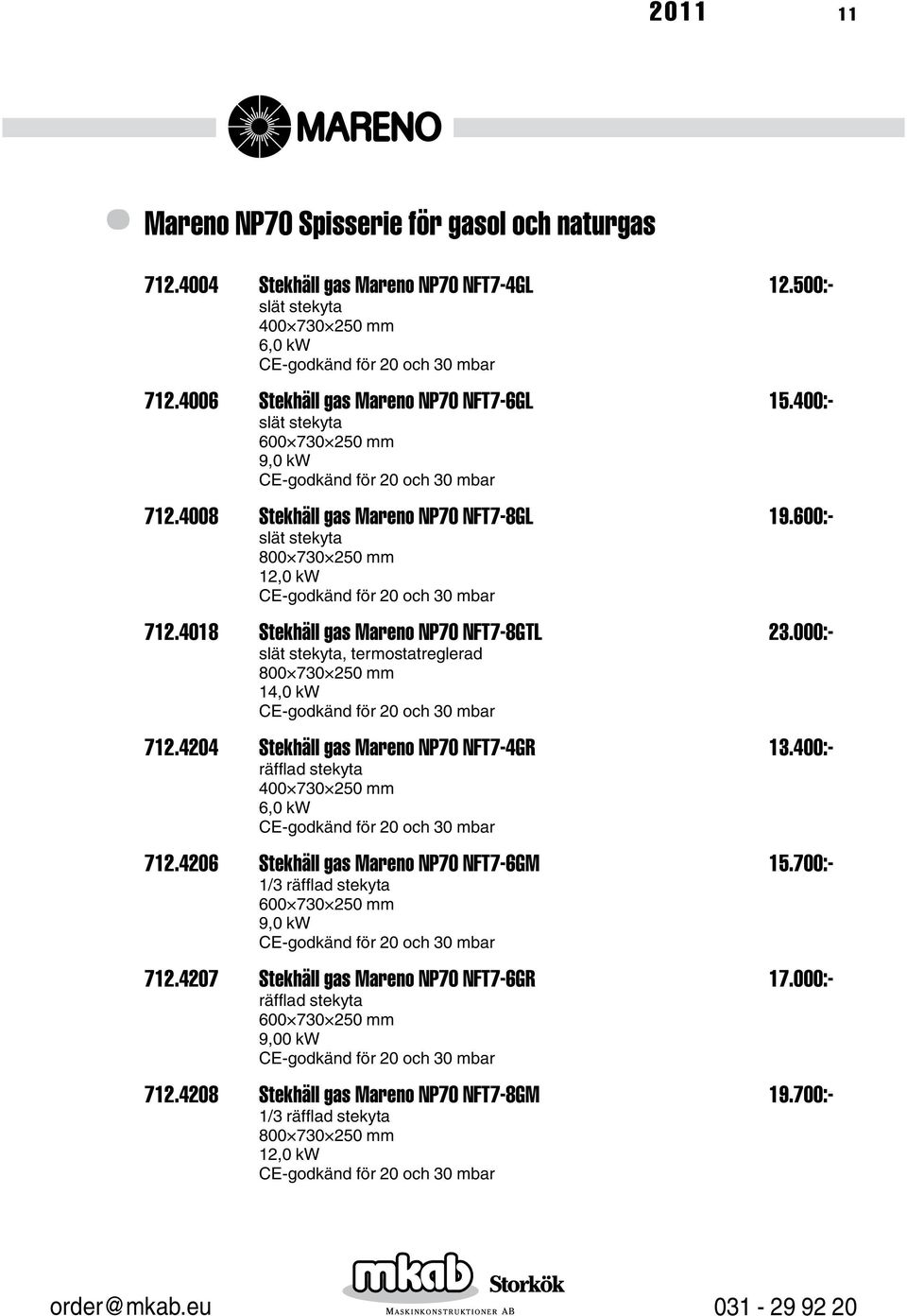 000:- slät stekyta, termostatreglerad 14,0 kw 712.4204 Stekhäll gas Mareno NP70 NFT7-4GR 13.400:- räfflad stekyta 6,0 kw 712.4206 Stekhäll gas Mareno NP70 NFT7-6GM 15.