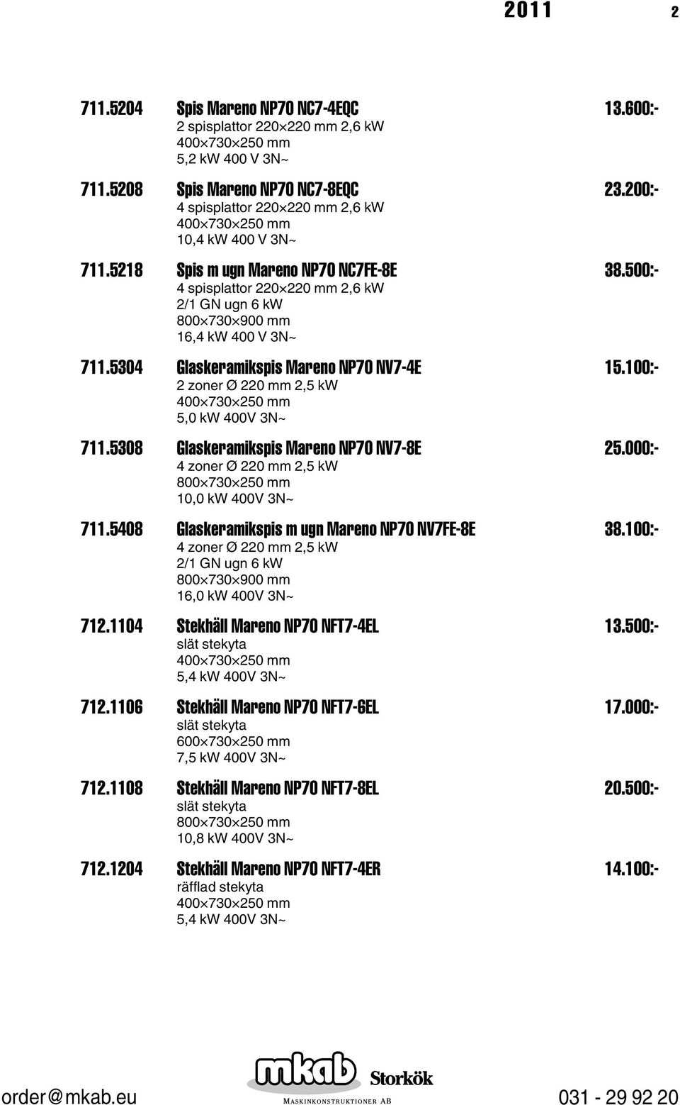 100:- 2 zoner Ø 220 mm 2,5 kw 5,0 kw 400V 3N~ 711.5308 Glaskeramikspis Mareno NP70 NV7-8E 25.000:- 4 zoner Ø 220 mm 2,5 kw 10,0 kw 400V 3N~ 711.5408 Glaskeramikspis m ugn Mareno NP70 NV7FE-8E 38.