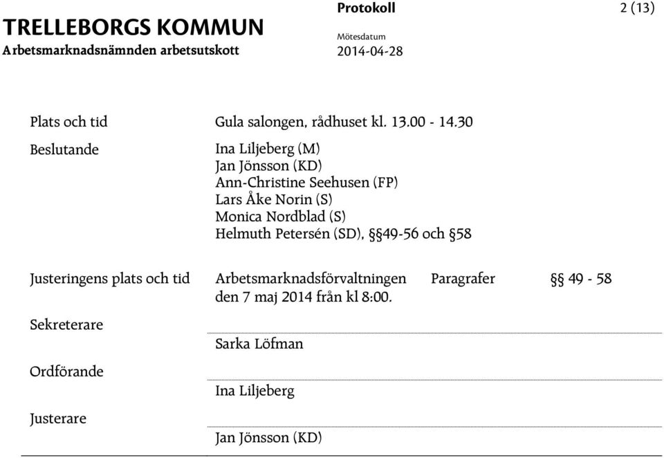 Nordblad (S) Helmuth Petersén (SD), 49-56 och 58 Justeringens plats och tid Sekreterare Ordförande