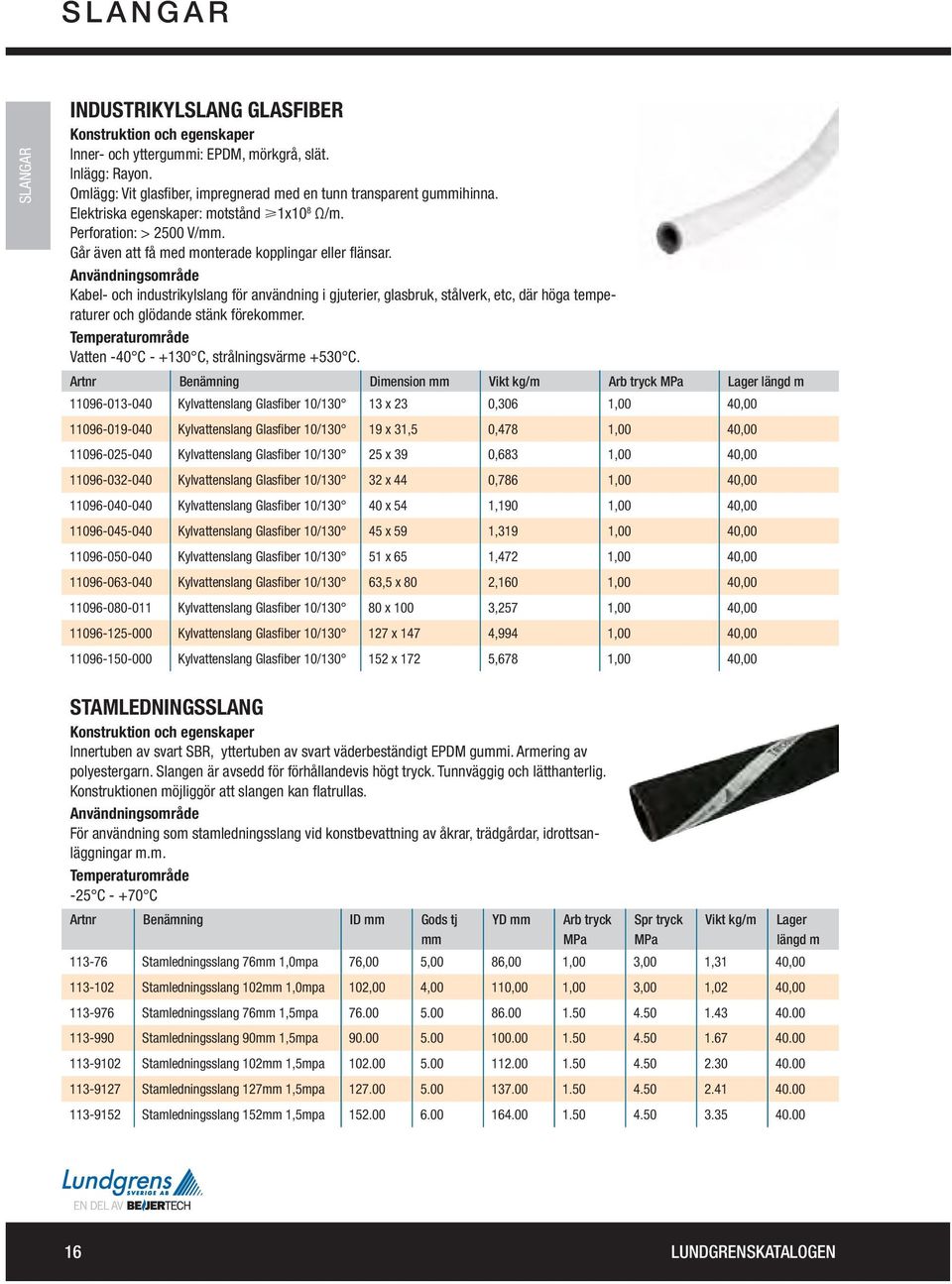 Kabel- och industrikylslang för användning i gjuterier, glasbruk, stålverk, etc, där höga temperaturer och glödande stänk förekoer. Vatten -40 C - +130 C, strålningsvärme +530 C.