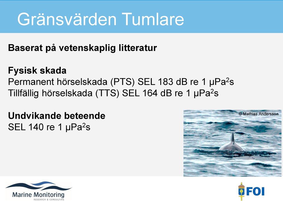 μpa 2 s Tillfällig hörselskada (TTS) SEL 164 db re 1 μpa