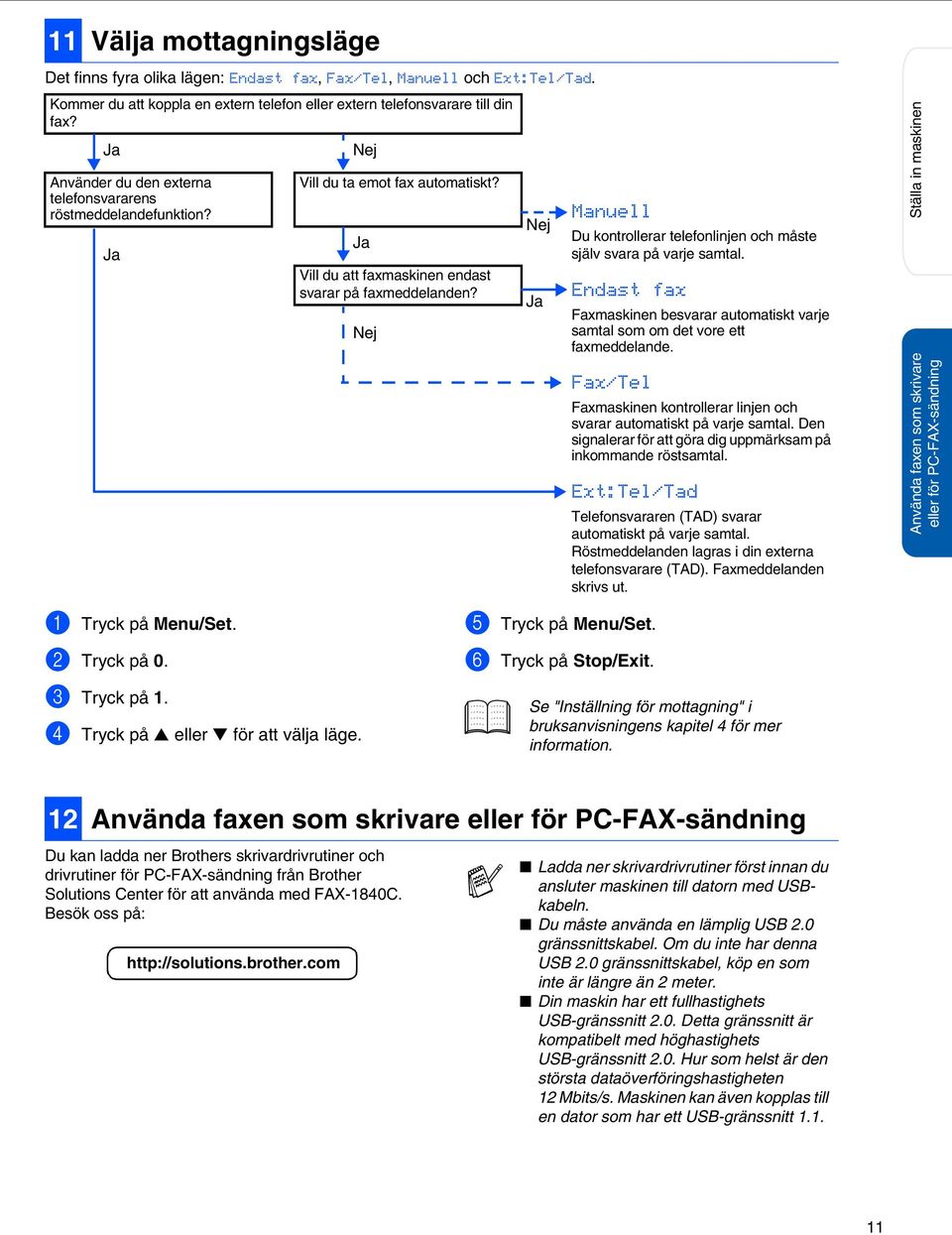 Nej Nej Ja Manuell Du kontrollerar telefonlinjen och måste själv svara på varje samtal. Endast fax Faxmaskinen besvarar automatiskt varje samtal som om det vore ett faxmeddelande.