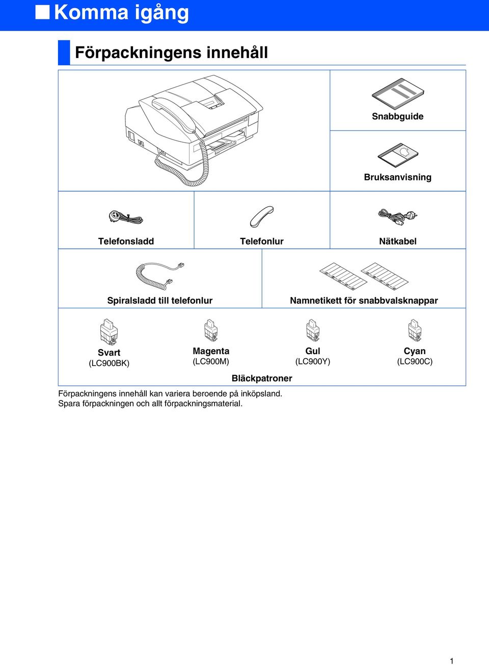 Magenta (LC900M) Bläckpatroner Förpackningens innehåll kan variera beroende på