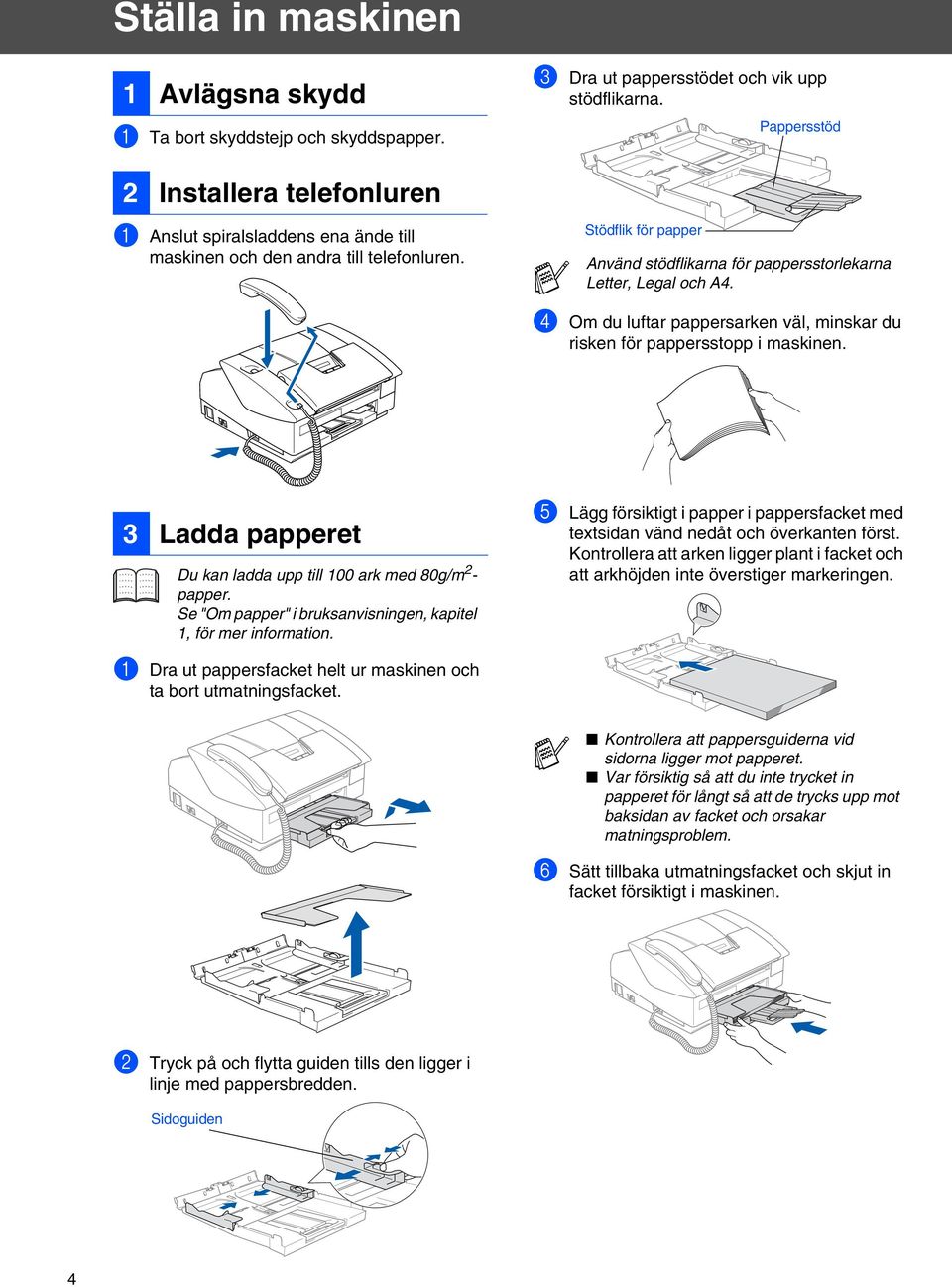 Stödflik för papper Använd stödflikarna för pappersstorlekarna Letter, Legal och A4. 4 Om du luftar pappersarken väl, minskar du risken för pappersstopp i maskinen.