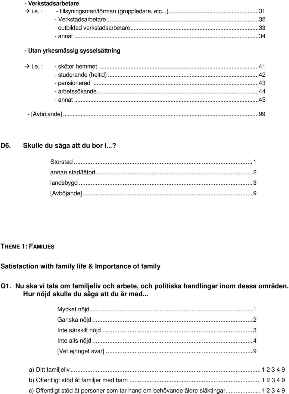 ..9 THEME 1: FAMILIES Satisfaction with family life & Importance of family Q1. Nu ska vi tala om familjeliv och arbete, och politiska handlingar inom dessa områden.