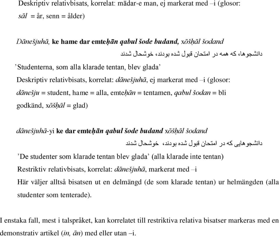 šodan = bli godkänd, xōšḥāl = glad) dānešjuhā-yi ke dar emteḥān qabul šode budand xōšḥāl šodand دانشجوهایی که در امتحان قبول شده بودند خوشحال شدند De studenter som klarade tentan blev glada (alla