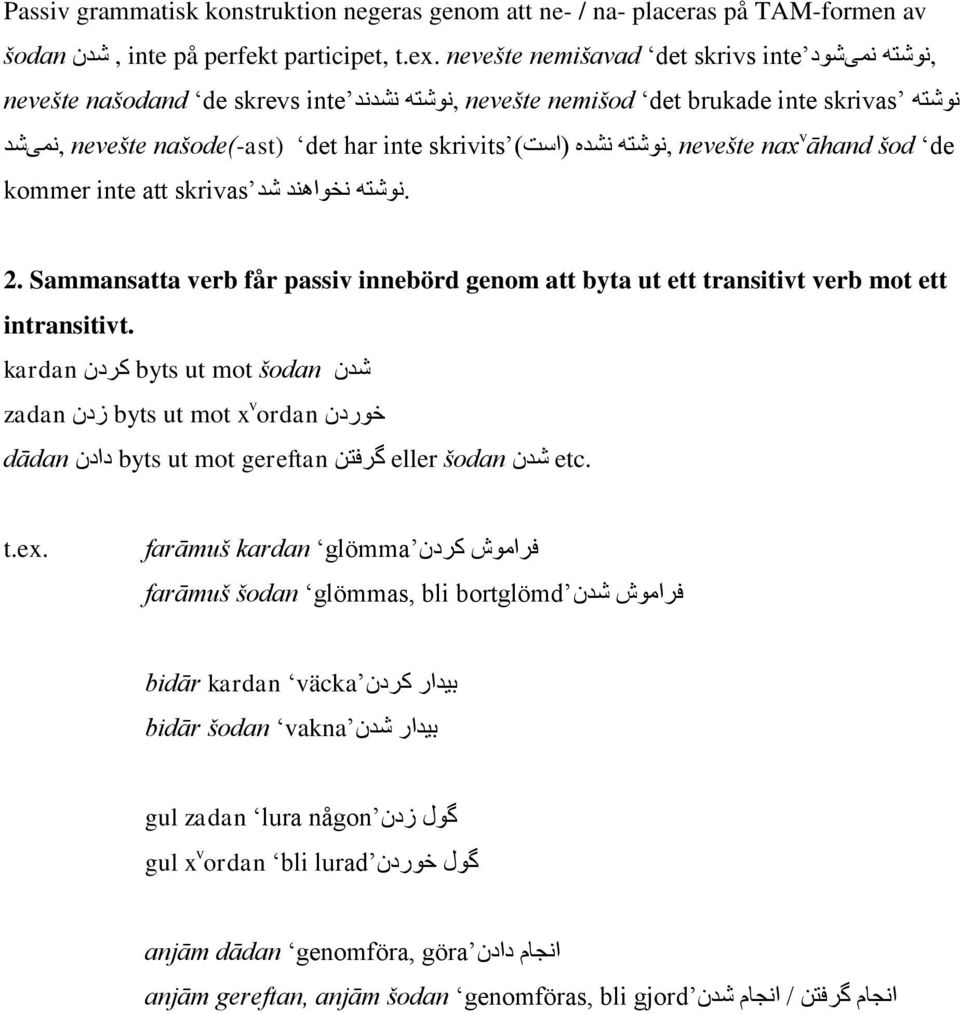 našode(-ast) det har inte,نمیشد.نوشته نخواهند شد skrivas kommer inte att 2. Sammansatta verb får passiv innebörd genom att byta ut ett transitivt verb mot ett intransitivt.