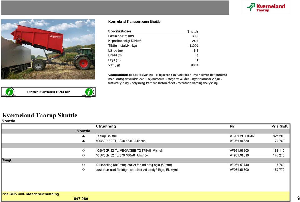 vid lastområdet - roterande varningsbelysning För mer information klicka här Kverneland Taarup Shuttle Shuttle Utrustning Nr Pris SEK Shuttle Taarup Shuttle VF981.