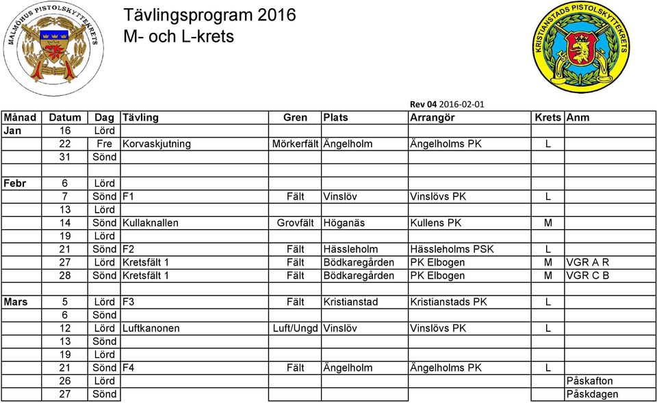 Hässleholms PSK L 27 Lörd Kretsfält 1 Fält Bödkaregården PK Elbogen M VGR A R 28 Sönd Kretsfält 1 Fält Bödkaregården PK Elbogen M VGR C B Mars 5 Lörd F3 Fält