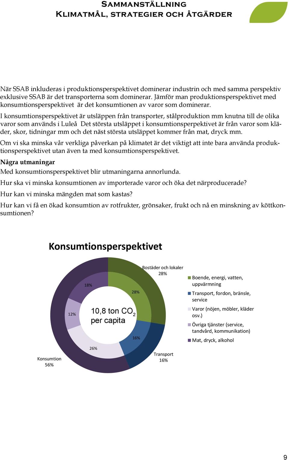 I konsumtionsperspektivet är utsläppen från transporter, stålproduktion mm knutna till de olika varor som används i Luleå Det största utsläppet i konsumtionsperpektivet är från varor som kläder,