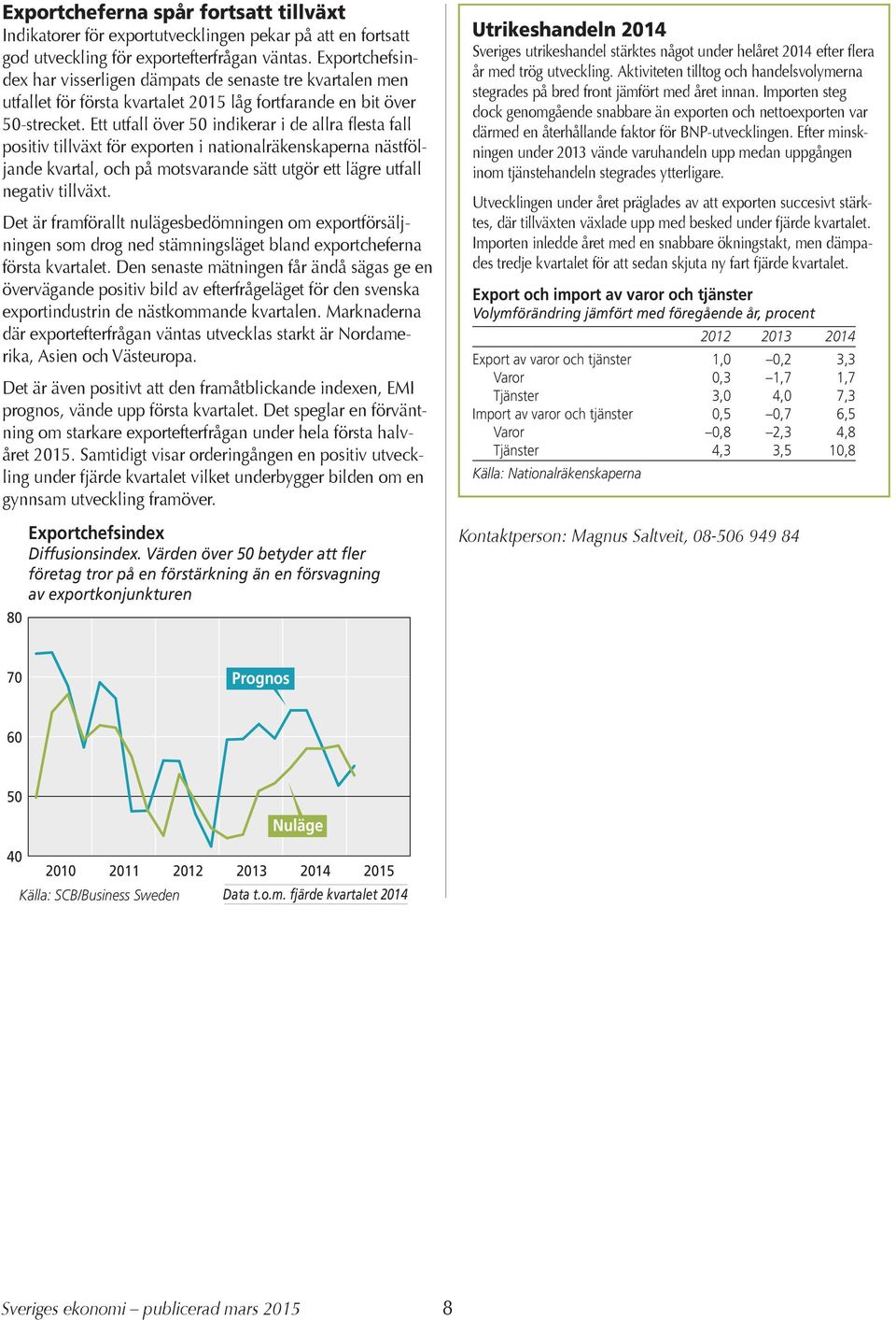 Ett utfall över 5 indikerar i de allra flesta fall positiv tillväxt för exporten i nationalräkenskaperna nästföljande kvartal, och på motsvarande sätt utgör ett lägre utfall negativ tillväxt.