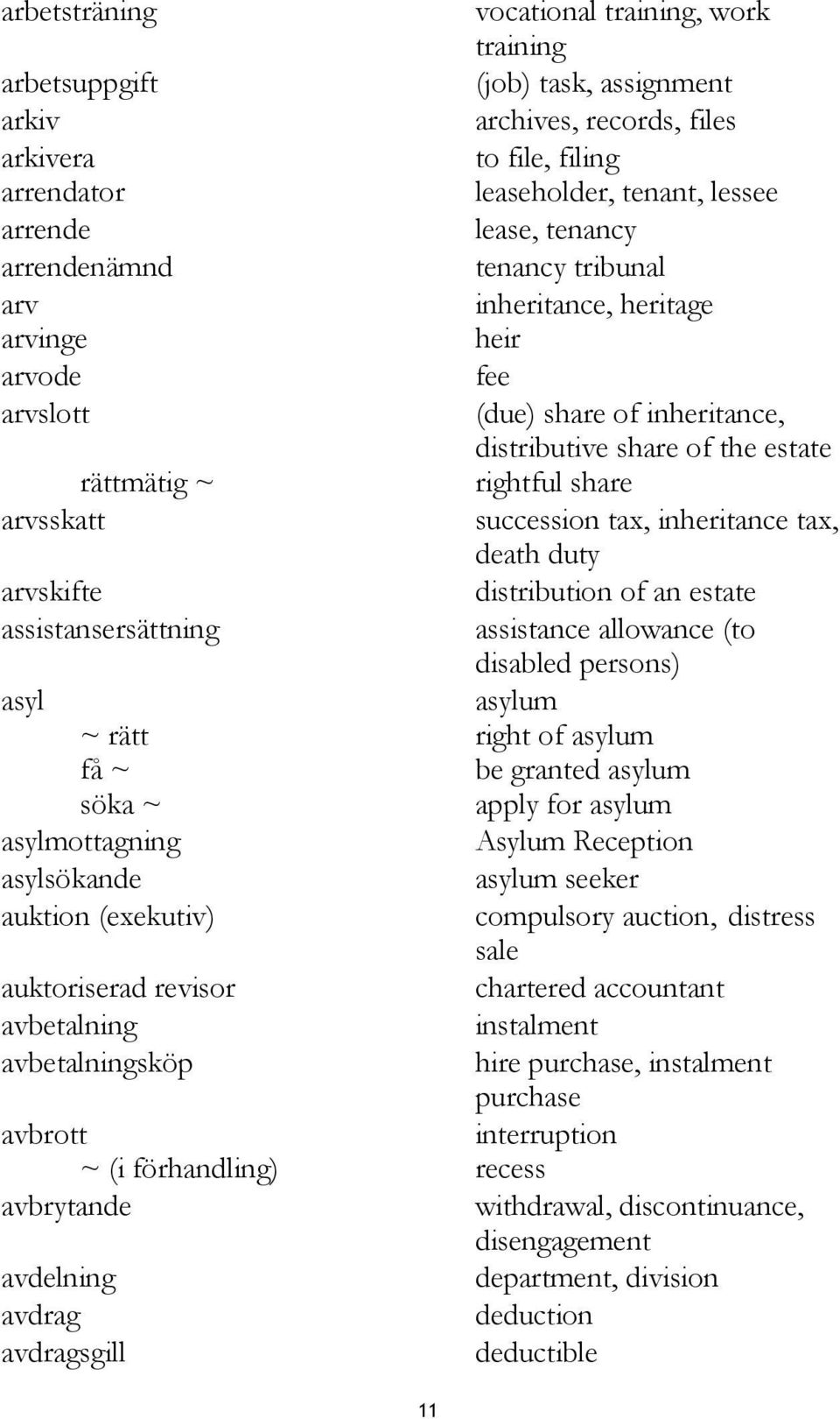 succession tax, inheritance tax, death duty arvskifte distribution of an estate assistansersättning assistance allowance (to disabled persons) asyl asylum ~ rätt right of asylum få ~ be granted