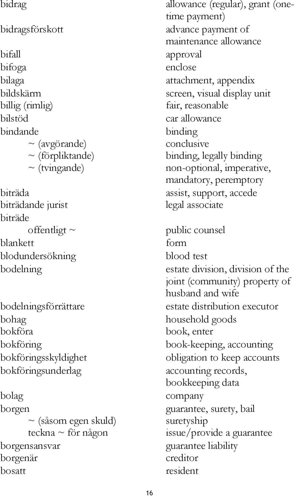 mandatory, peremptory biträda assist, support, accede biträdande jurist legal associate biträde offentligt ~ public counsel blankett form blodundersökning blood test bodelning estate division,