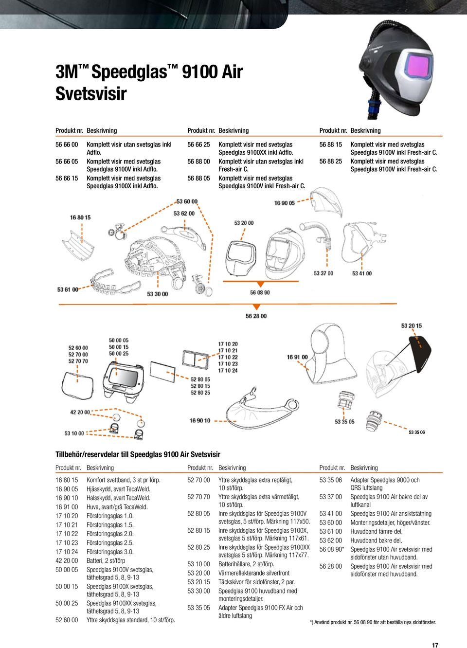 56 88 00 Komplett visir utan svetsglas inkl Fresh-air C. 56 88 05 Komplett visir med svetsglas Speedglas 9100V inkl Fresh-air C. 56 88 15 Komplett visir med svetsglas Speedglas 9100V inkl Fresh-air C.