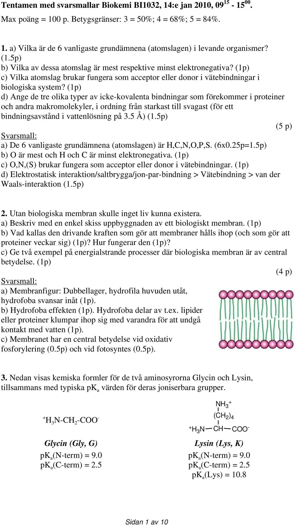 (1p) d) Ange de tre olika typer av icke-kovalenta bindningar som förekommer i proteiner och andra makromolekyler, i ordning från starkast till svagast (för ett bindningsavstånd i vattenlösning på 3.