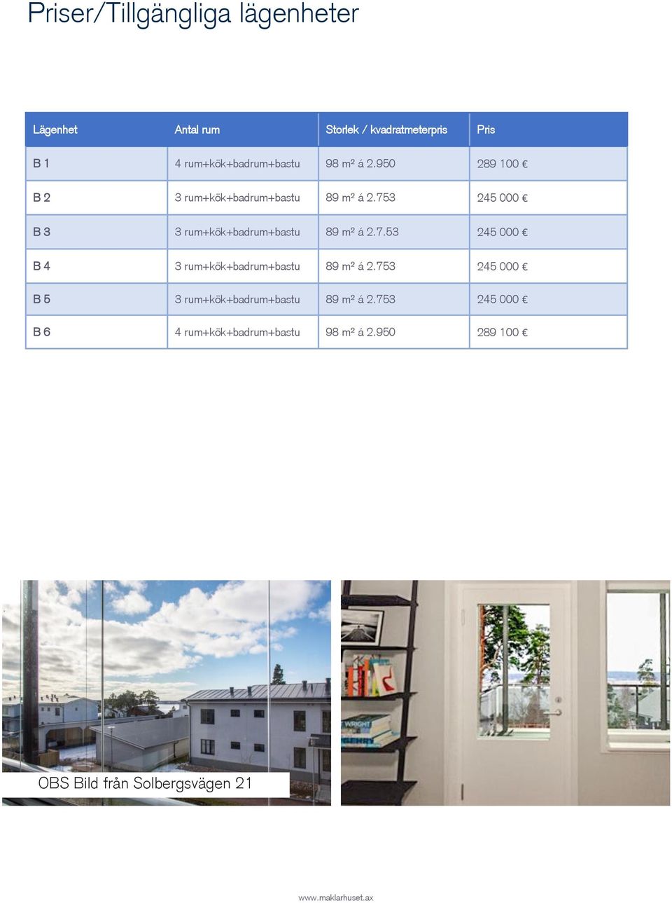 753 245 000 B 3 3 rum+kök+badrum+bastu 89 m² á 2.7.53 245 000 B 4 3 rum+kök+badrum+bastu 89 m² á 2.