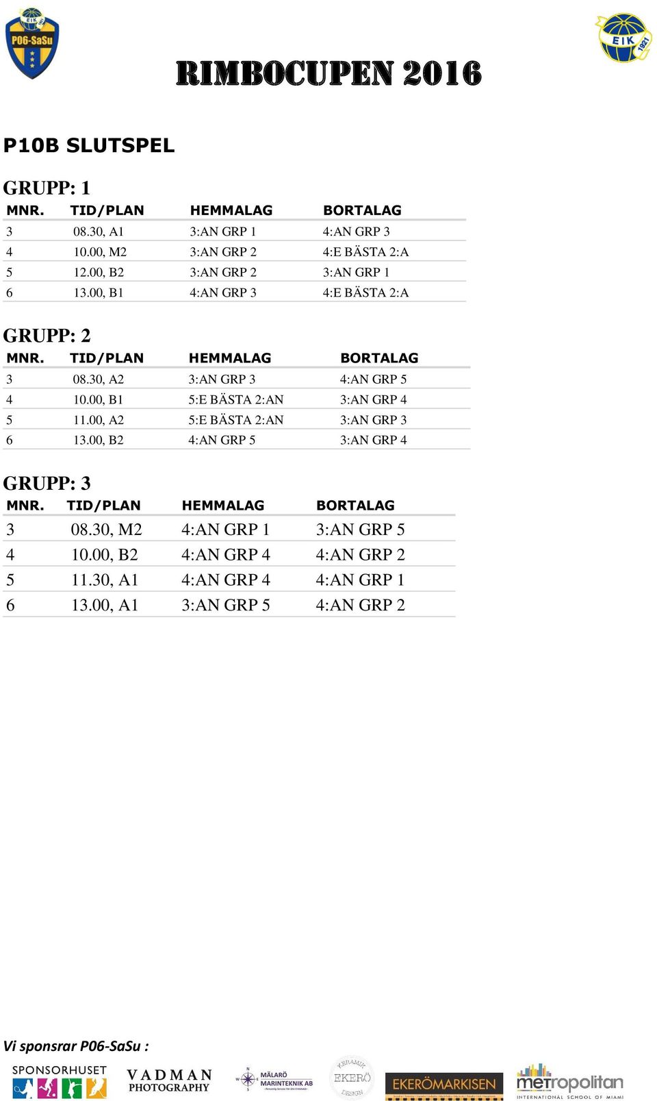 , B1 :E BÄSTA 2:AN :AN GRP 11., A2 :E BÄSTA 2:AN :AN GRP 1., B2 :AN GRP :AN GRP GRUPP: 8., M2 1.