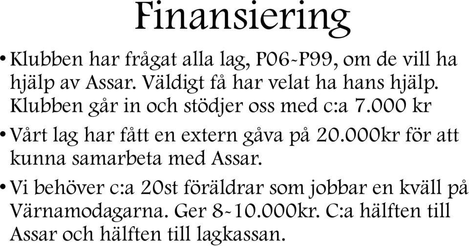 000 kr Vårt lag har fått en extern gåva på 20.000kr för att kunna samarbeta med Assar.