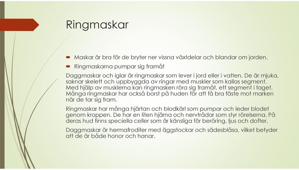 Många ringmaskar har också borst på huden för att få bra fäste mot marken när de tar sig fram. Ringmaskar har många hjärtan och blodkärl som pumpar och leder blodet genom kroppen.