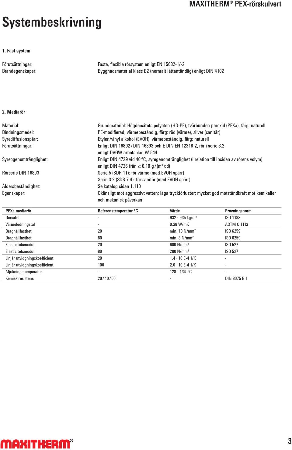 Syrediffusionspärr: Etylen/vinyl alkohol (EVOH), värmebeständig, färg: naturell Förutsättningar: Enligt DIN 16892 / DIN 16893 och E DIN EN 12318-2, rör i serie 3.