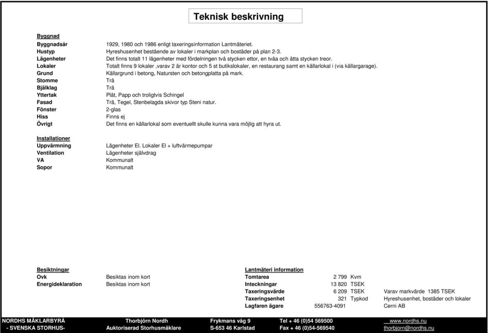 Lokaler Totalt finns 9 lokaler,varav 2 är kontor och 5 st butikslokaler, en restaurang samt en källarlokal i (via källargarage). Grund Källargrund i betong, Natursten och betongplatta på mark.