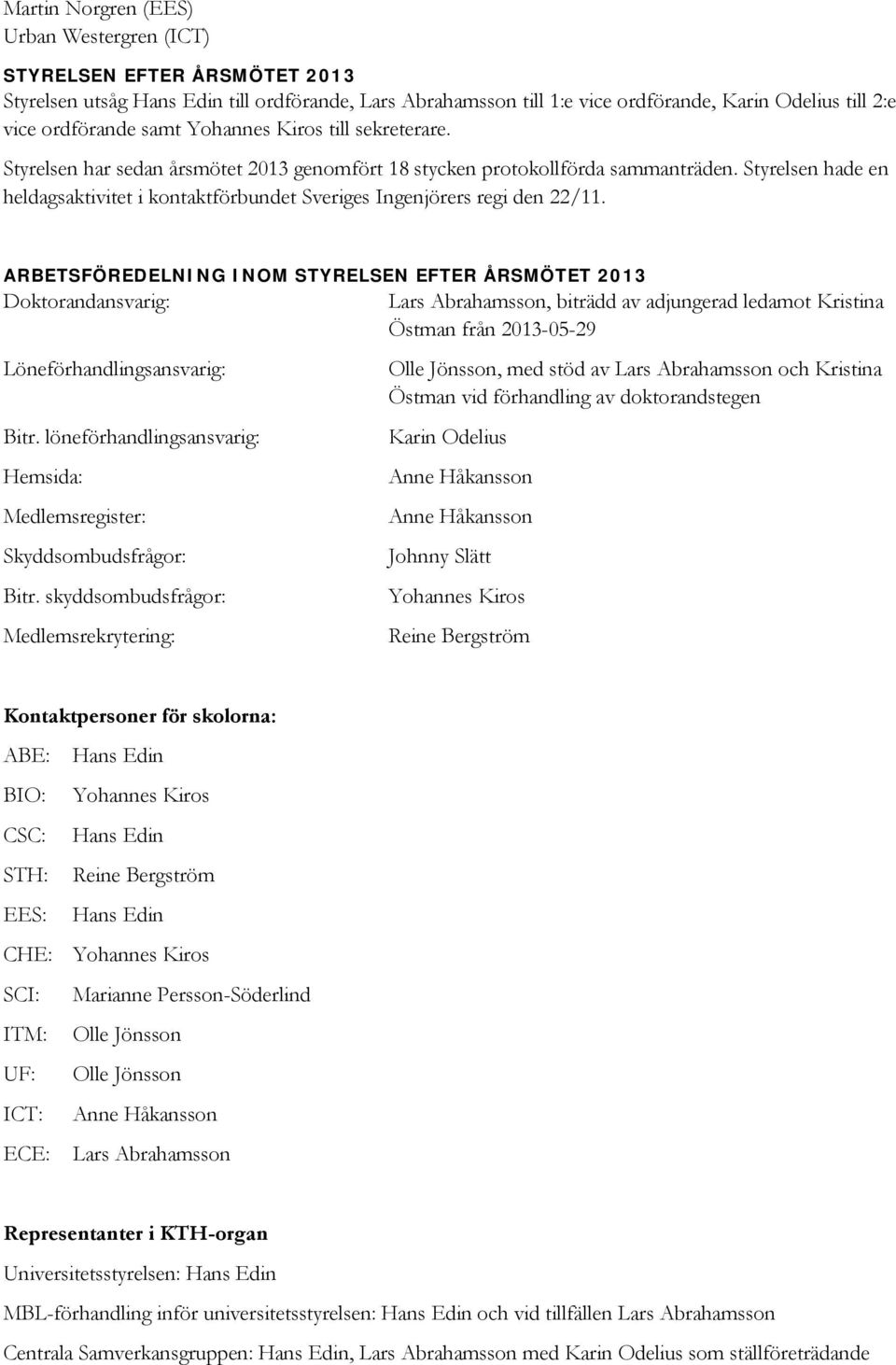 Styrelsen hade en heldagsaktivitet i kontaktförbundet Sveriges Ingenjörers regi den 22/11. ARBETSFÖREDELNING INOM STYRELSEN EFTER ÅRSMÖTET 2013 Doktorandansvarig: Löneförhandlingsansvarig: Bitr.