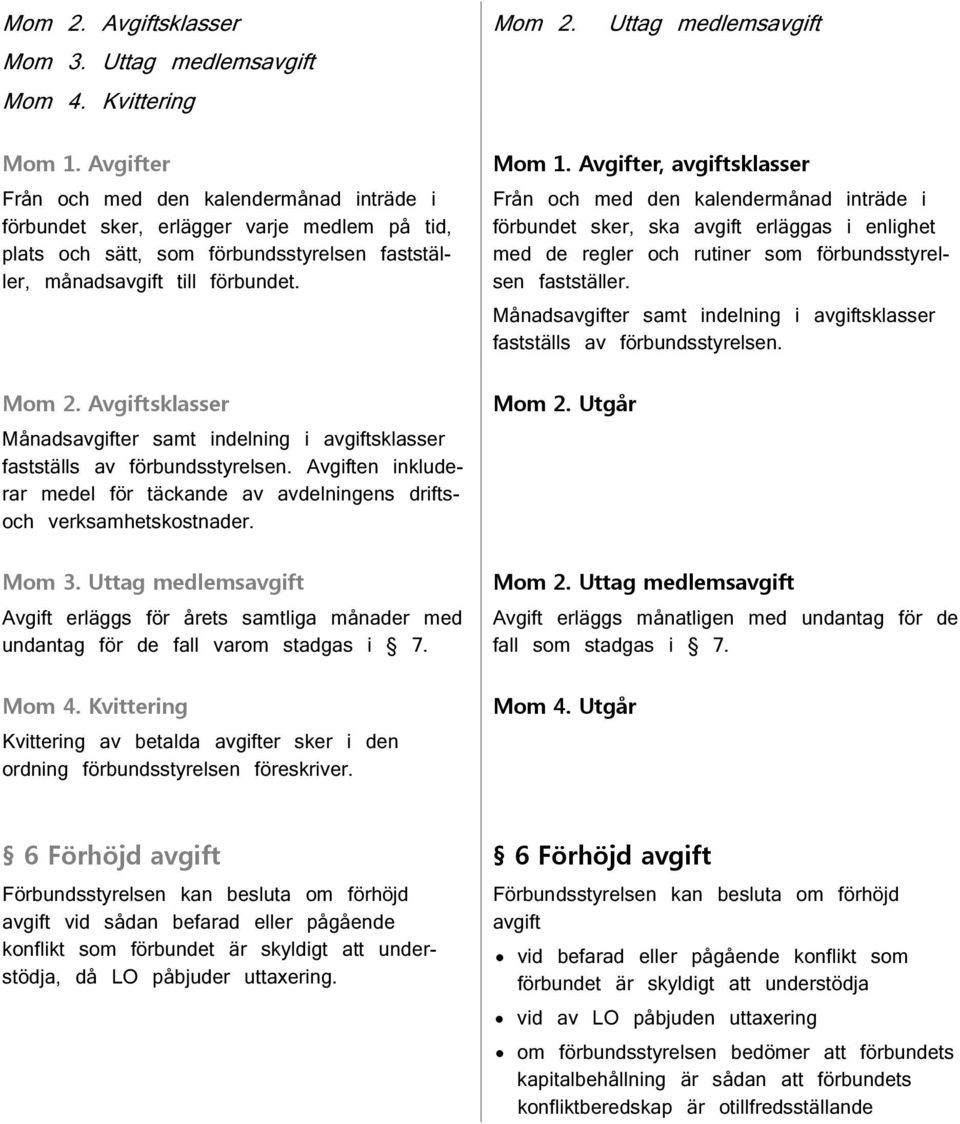 Avgifter, avgiftsklasser Från och med den kalendermånad inträde i förbundet sker, ska avgift erläggas i enlighet med de regler och rutiner som förbundsstyrelsen fastställer.