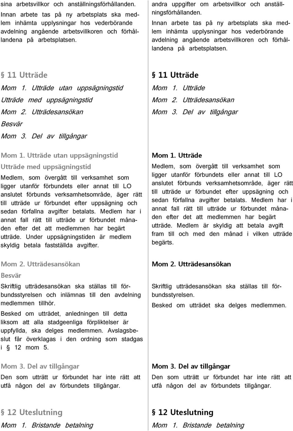 andra uppgifter om arbetsvillkor och anställningsförhållanden.  11 Utträde Mom 1. Utträde utan uppsägningstid Utträde med uppsägningstid Mom 2. Utträdesansökan Besvär Mom 3. Del av tillgångar Mom 1.