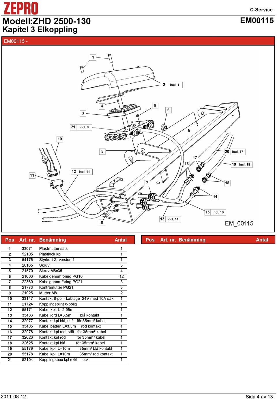 L=,95m 3 3386 Kabel jord L=3,5m blå kontakt 3977 Kontakt kpl blå, stift för 35mm² kabel 5 3385 Kabel batteri L=3,5m röd kontakt 6 3978 Kontakt kpl röd, stift för 35mm² kabel 7